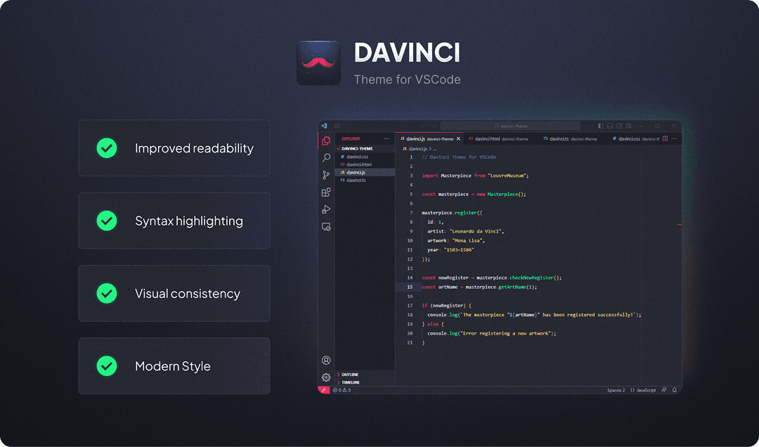 Promotional image for the Davinci theme for VSCode, showing a code editor interface and four highlighted benefits: Improved readability, Syntax highlighting, Visual consistency, and Modern style.